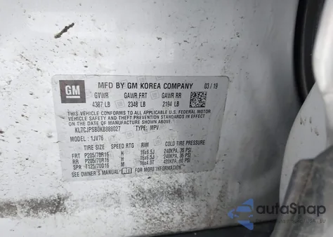 2019 Chevrolet Trax Lt из США, поврежденный, VIN KL7CJPSB0KB888027